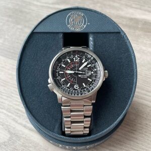 Citizen Stainless Steel Pilot-Style Watch with Black Dial and Red Accents